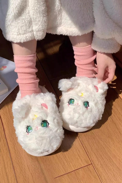 Winter cute white cat slippers aesthetic warm plush house shoes