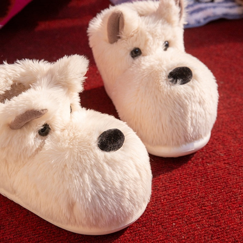 White westie dog shaped plush slippers featuring pointed ears and a black nose, cozy indoor footwear with EVA sole