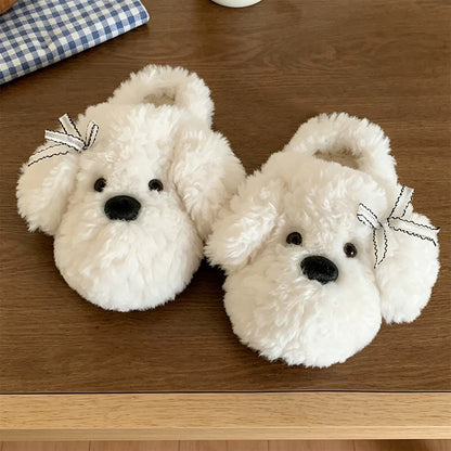 White winter cute bichon dog slippers aesthetic warm plush house shoes