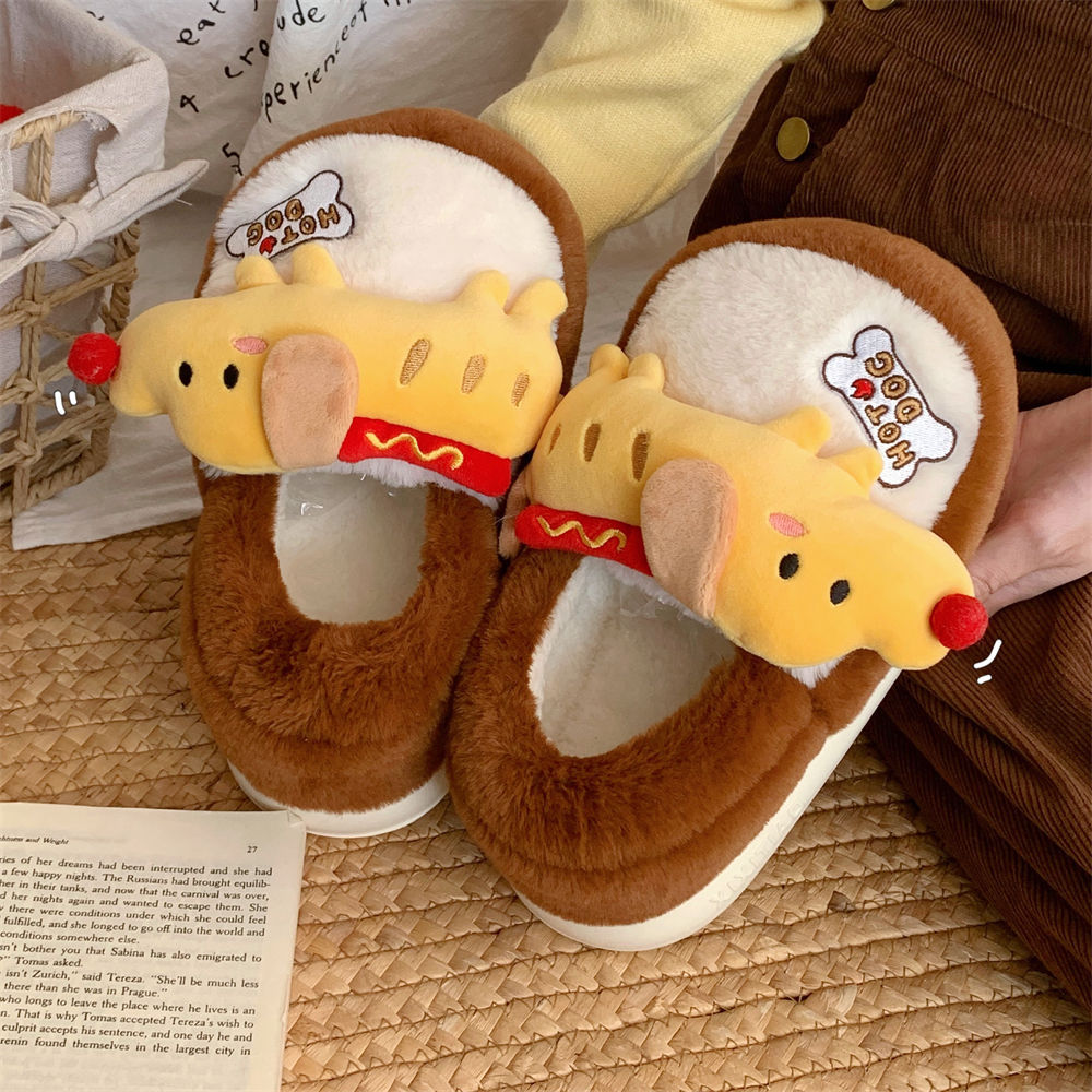 Brown winter closed back faux fur hot dog slippers eva sole indoor shoes