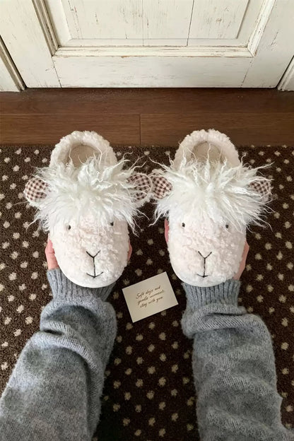 Winter Cute White Shaggy Sheep Slippers Aesthetic Warm Plush House Shoes