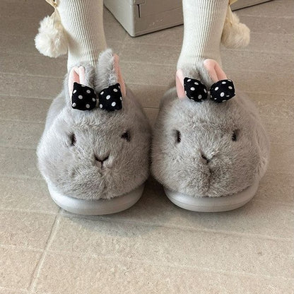 Gray winter cute polka dot bow bunny slippers aesthetic warm house shoes
