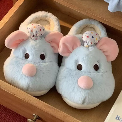 Blue winter cute chef hat mouse slippers aesthetic warm plush house shoes
