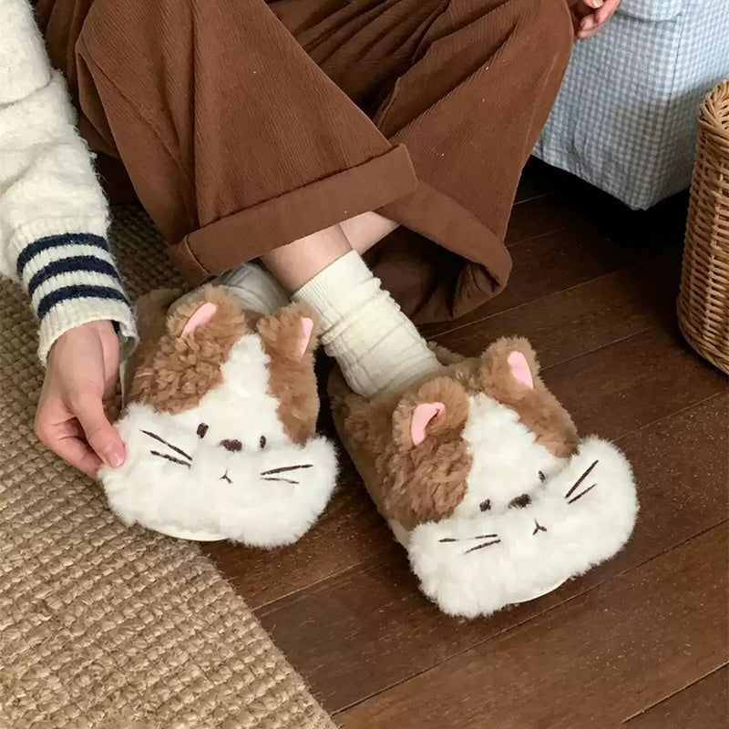 Brown winter two tone fluffy cat slippers aesthetic warm plush house shoes