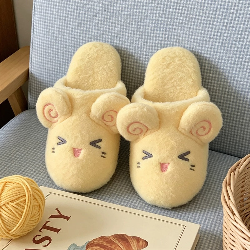 Yellow plush sheep slippers featuring pink spiral ears and a closed-eye smile, quiet fabric sole indoor shoes