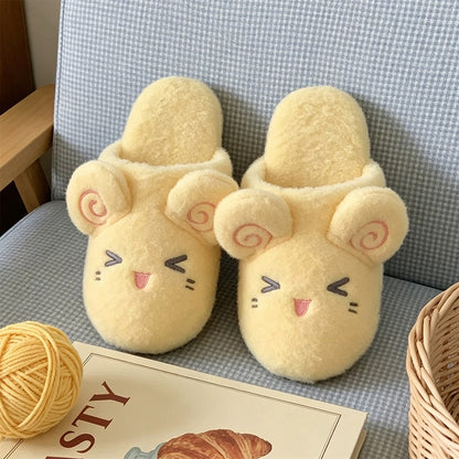 Yellow plush sheep slippers featuring pink spiral ears and a closed-eye smile, quiet fabric sole indoor shoes