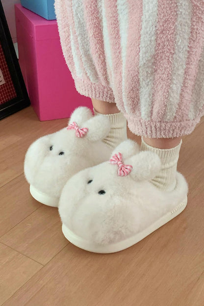 Winter cute white bow bunny slippers aesthetic warm plush house shoes