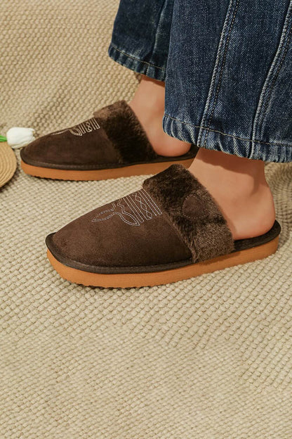 Brown western cowgirl slippers aesthetic warm plush house shoes