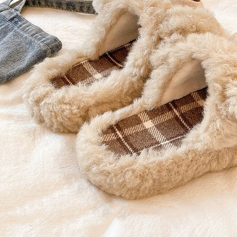 Khaki fuzzy plush slippers designed with a chunky bear nose and floppy ears, classic plaid lining for cozy indoor home wear