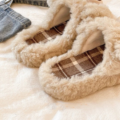 Khaki fuzzy plush slippers designed with a chunky bear nose and floppy ears, classic plaid lining for cozy indoor home wear