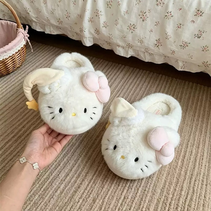 Beige winter cute sleeping hat hello kt cat slippers aesthetic warm plush house shoes