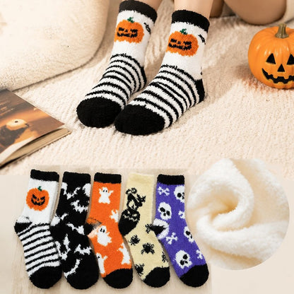 winter halloween 5 pairs pumpkin bats ghosts spiders skulls coral fleece socks