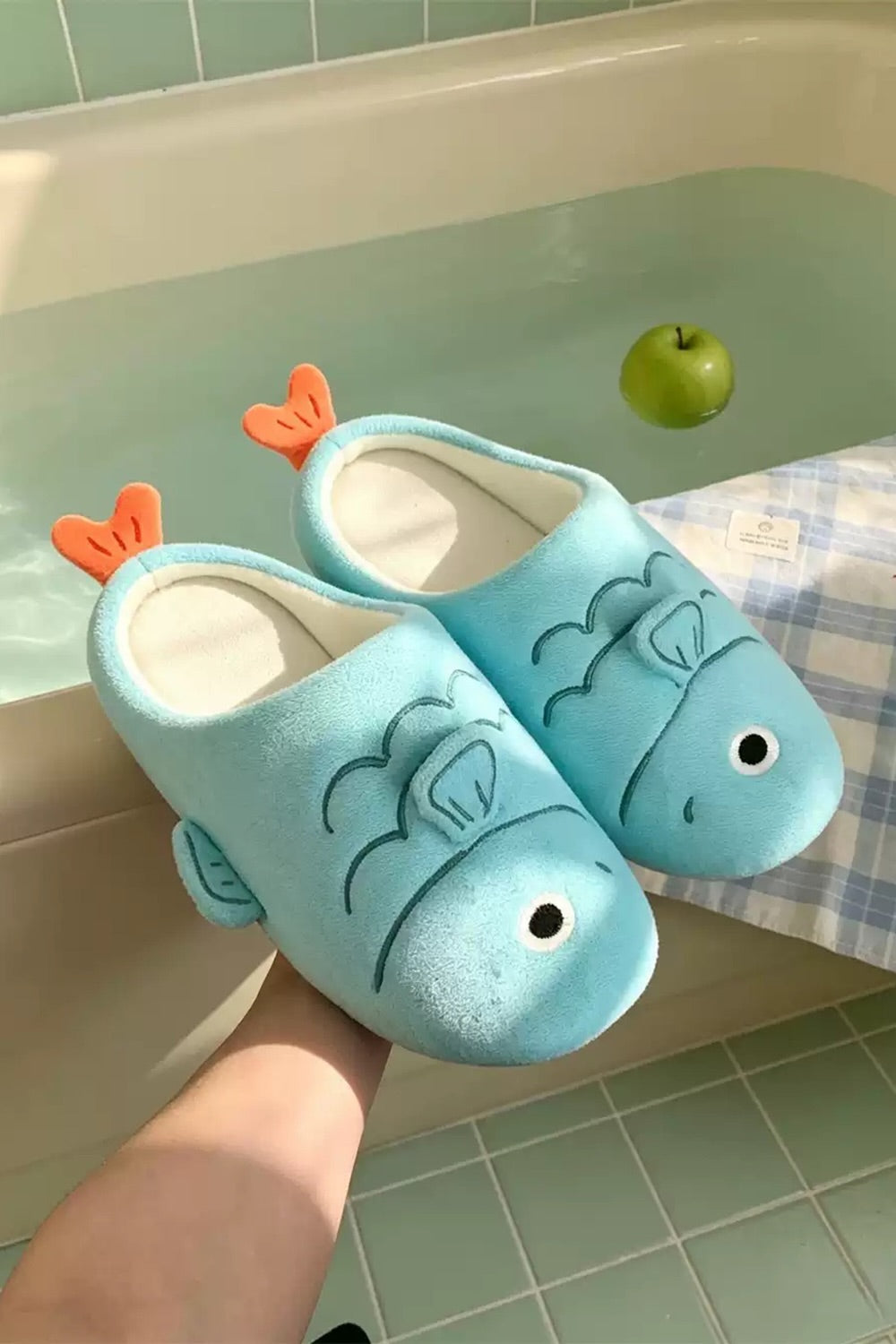 Winter cute blue fish slippers aesthetic warm plush house shoes