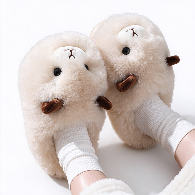 Khaki winter cute fluffy sheep slippers aesthetic warm plush house shoes