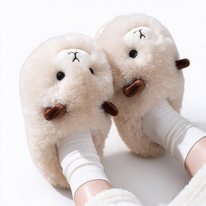 Khaki winter cute fluffy sheep slippers aesthetic warm plush house shoes