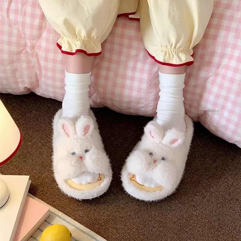 White all season open toe rabbit plush slippers eva sole bunny indoor shoes