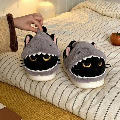 Black winter cute shark cat slippers aesthetic warm plush house shoes