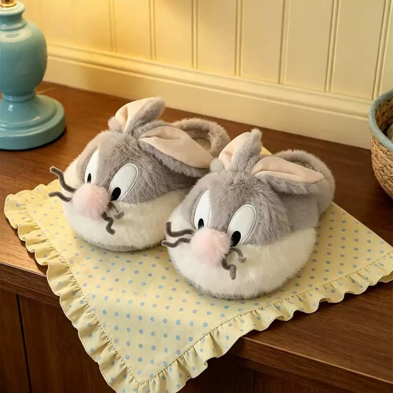 Gray winter cute whisker bunny slippers aesthetic warm plush house shoes