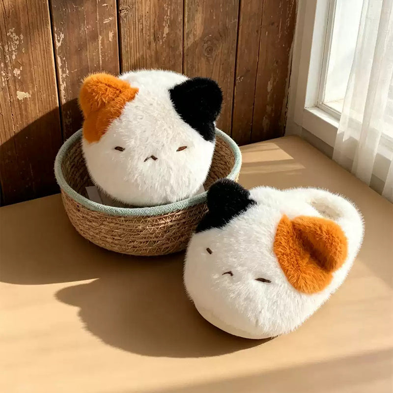 White winter cute calico cat slippers aesthetic warm plush house shoes