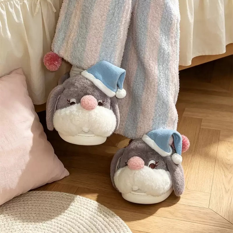 Gray winter cute sleep hat bunny slippers aesthetic warm plush house shoes