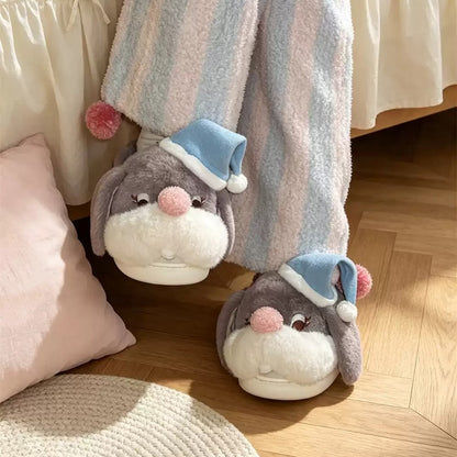 Gray winter cute sleep hat bunny slippers aesthetic warm plush house shoes
