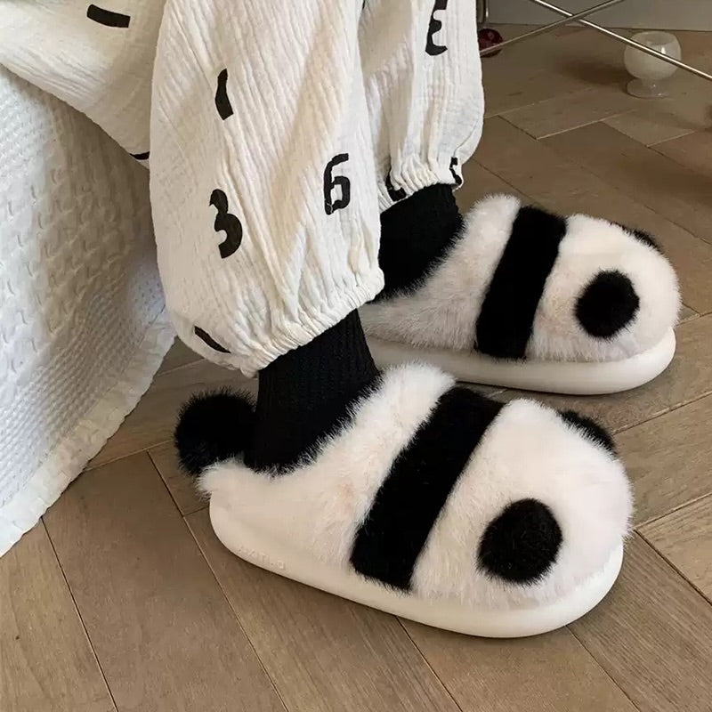 Black winter cute panda slippers aesthetic warm plush house shoes