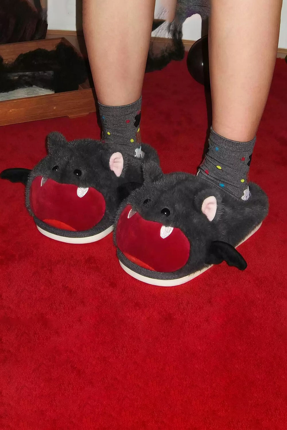 Winter cute black halloween bat slippers aesthetic warm plush house shoes