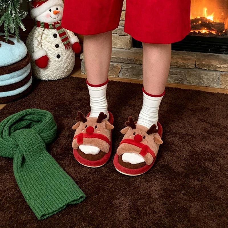 Red cute cartoon open toe christmas reindeer plush slippers eva sole indoor shoes