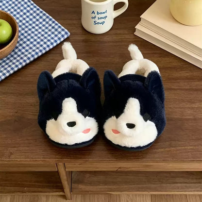 Blue winter cute husky dog slippers aesthetic warm plush house shoes