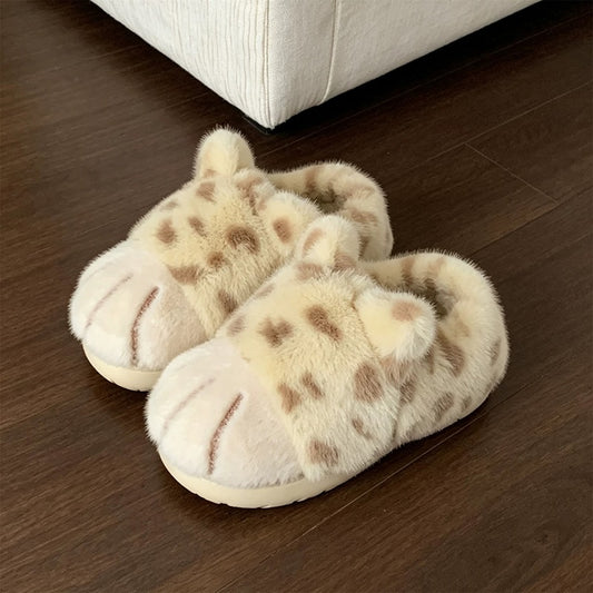 Yellow winter cute leopard cat paw slippers aesthetic warm plush house shoes