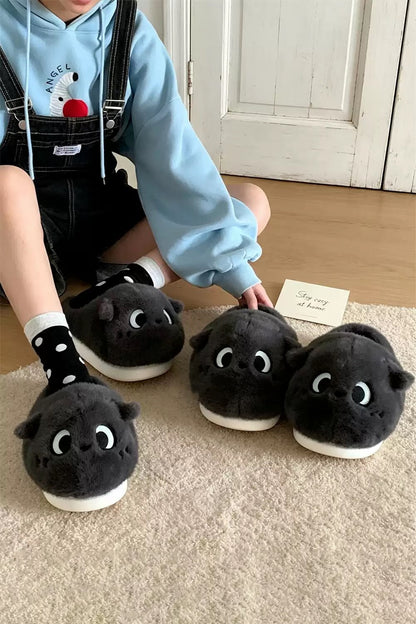 Winter black cat slippers aesthetic warm plush house shoes