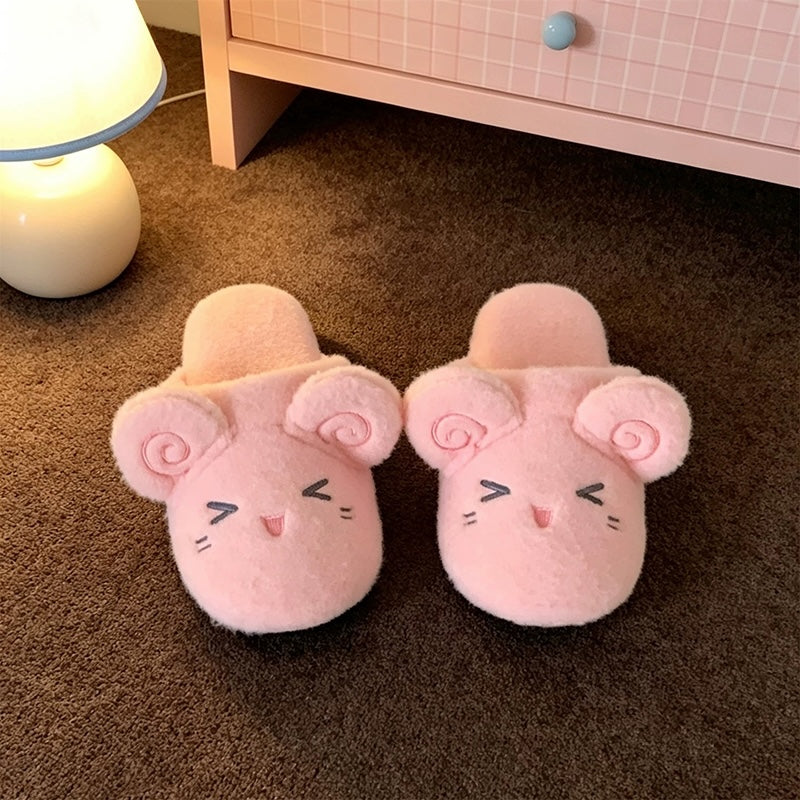 Pink fleece sheep slippers decorated with pink spiral ears and a sleepy expression, soft fabric sole home footwear
