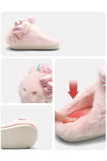 Winter Cute White Strawberry Cat Slippers Aesthetic Warm Plush House Shoes