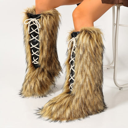 Light brown winter y2k lace-up faux fur mid-calf boots pvc sole footwear