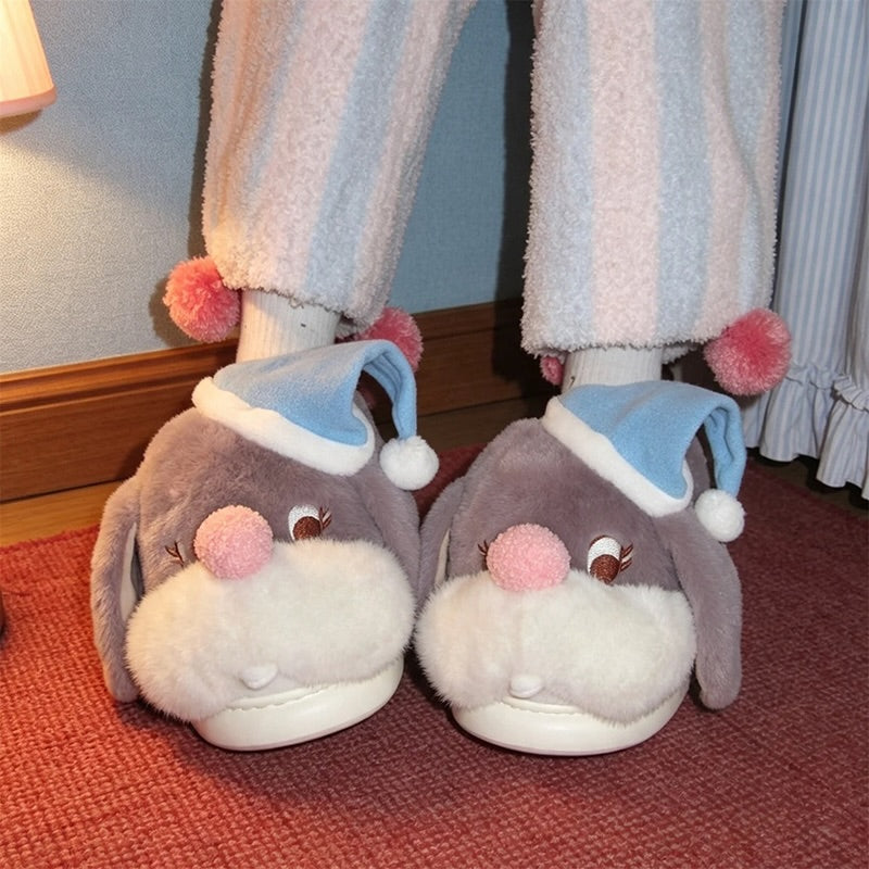 Gray winter cute sleep hat bunny slippers aesthetic warm plush house shoes
