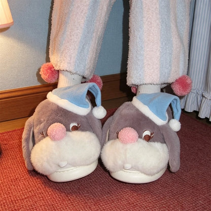 Gray winter cute sleep hat bunny slippers aesthetic warm plush house shoes