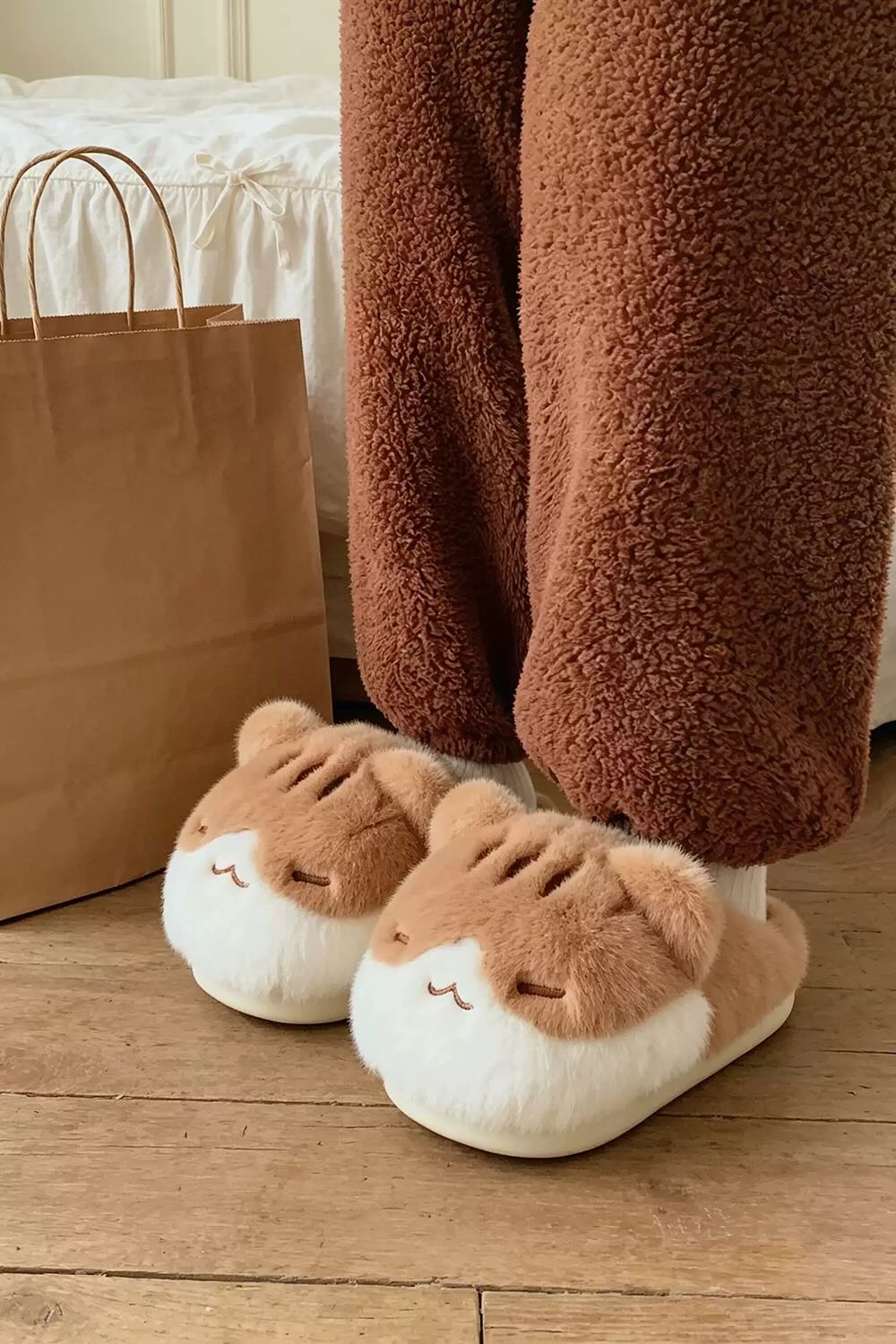 Cute brown squinting cat slippers aesthetic warm plush house shoes