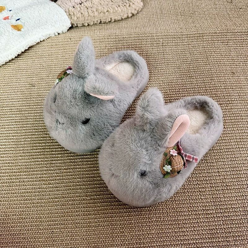 Gray winter cute straw hat bunny slippers aesthetic warm plush house shoes