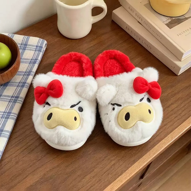 White winter leopard bow cute pig slippers aesthetic warm plush house shoes