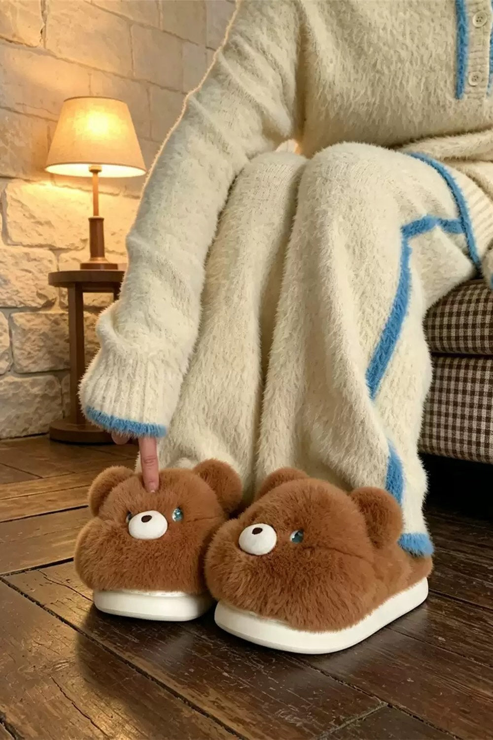 Winter brown cute teddy bear slippers aesthetic warm plush house shoes