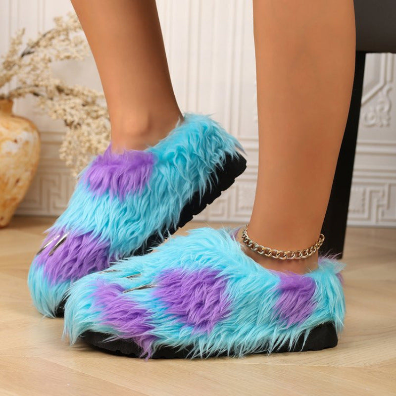 Blue winter blue purple y2k claw slippers faux fur pvc sole indoor outdoor shoes