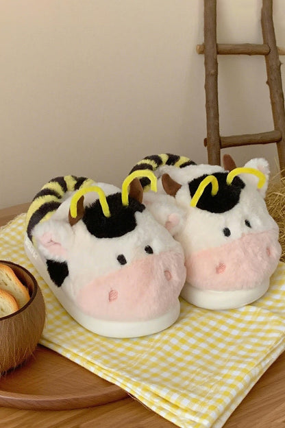 Winter cute pink cow bee slippers aesthetic warm plush house shoes