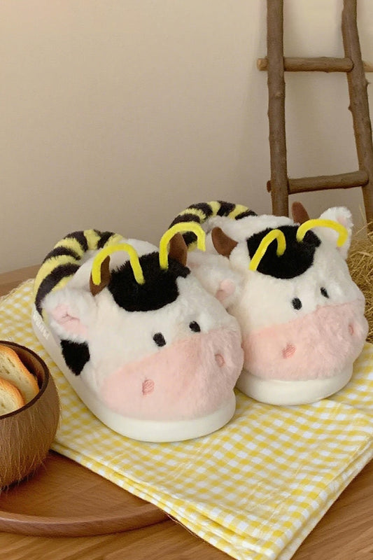 Winter cute pink cow bee slippers aesthetic warm plush house shoes