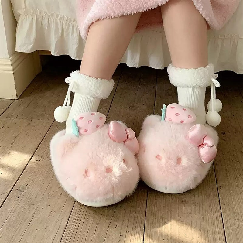 Pink winter cute strawberry hello kt cat slippers aesthetic warm plush house shoes