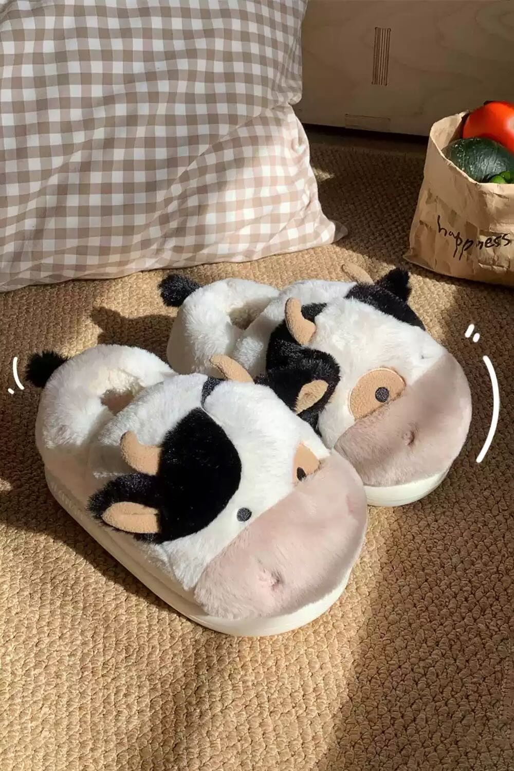 Winter cute white cow slippers aesthetic warm plush house shoes