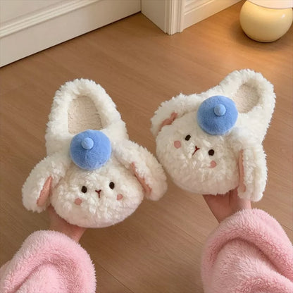 White winter cute pom pom hat bunny slippers aesthetic warm plush house shoes