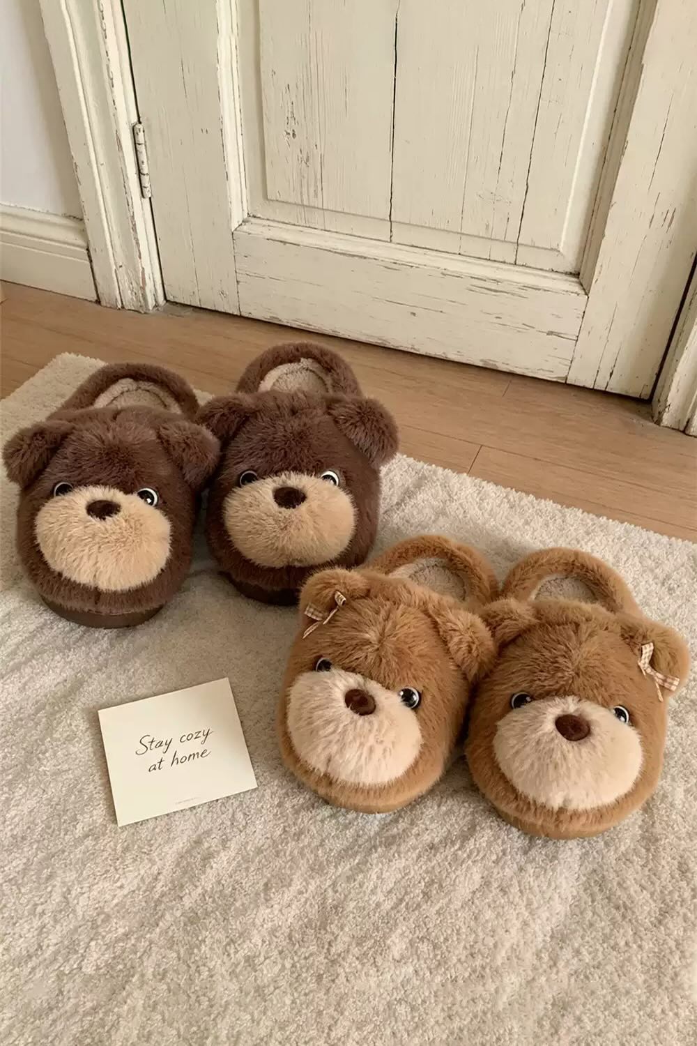 Winter Cute Brown Teddy Bear Slippers Aesthetic Warm Plush House Shoes