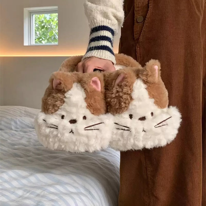 Brown winter two tone fluffy cat slippers aesthetic warm plush house shoes
