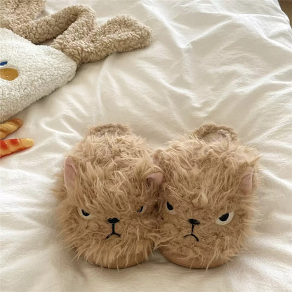 Brown winter plush expression cat slippers eva sole indoor house shoes