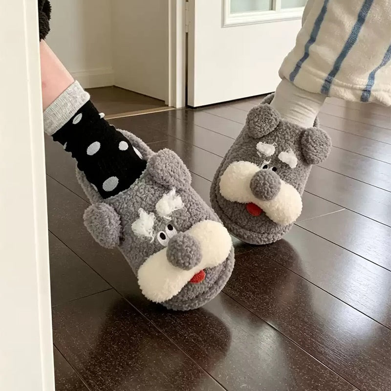 Gray winter cute schnauzer dog slippers aesthetic warm plush house shoes